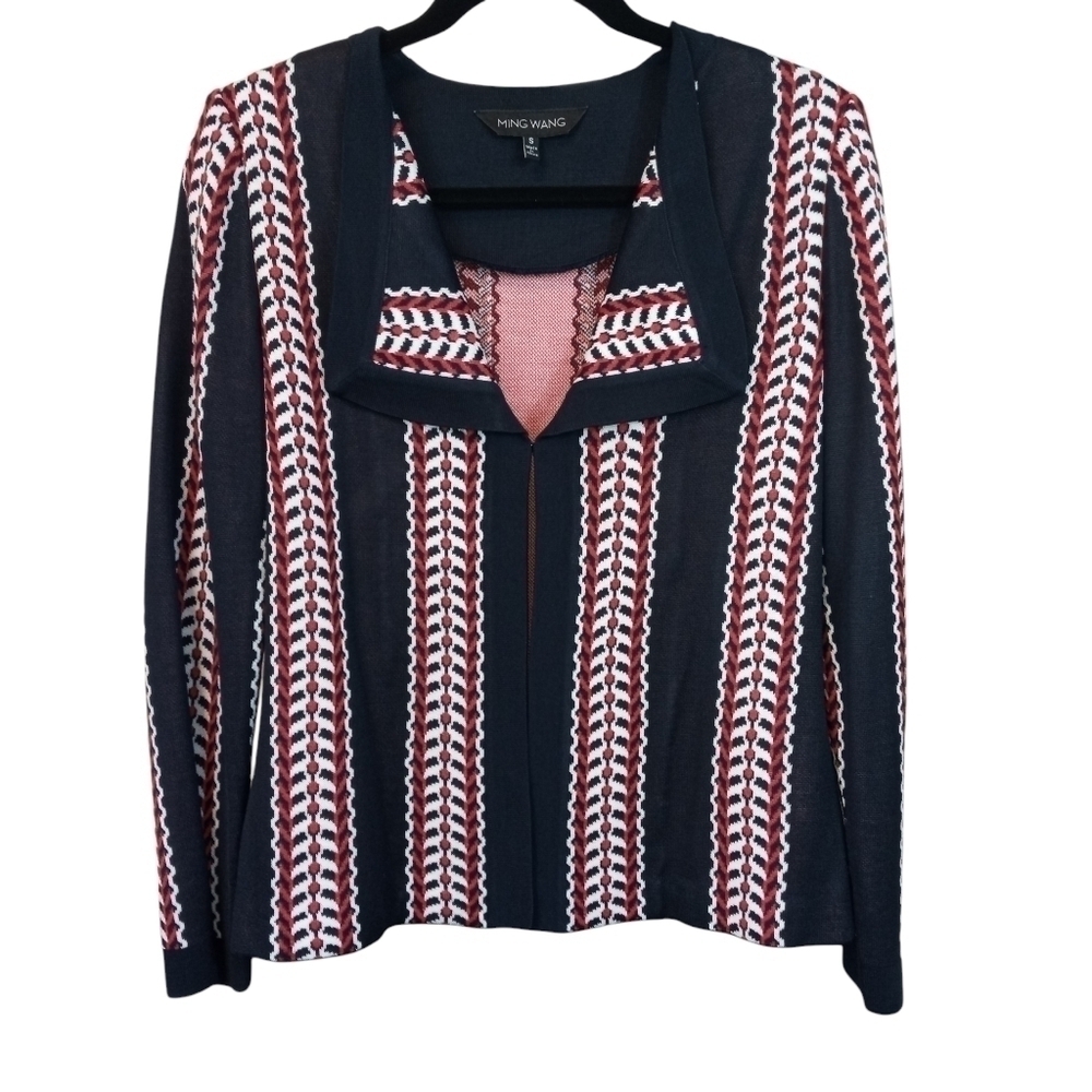 Ming Wang V-neck Career Cardigan Sweater Red Blue Geometric Stripe Size Small
